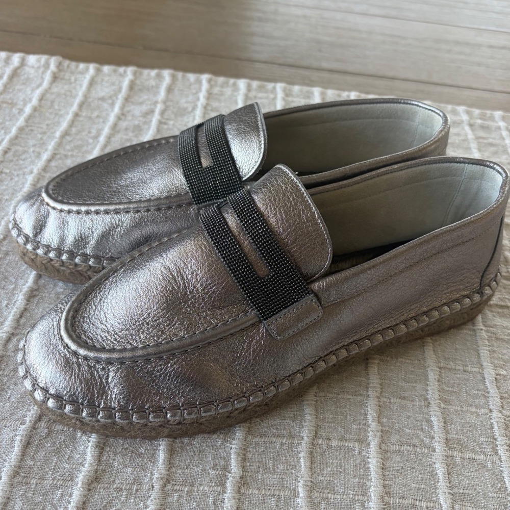 Brunello Cucinelli metallic leather espadrilles dark monili beading sz 37 nwot
